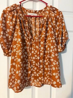 LOFT Rust-Orange Floral Tie-Neck Blouse